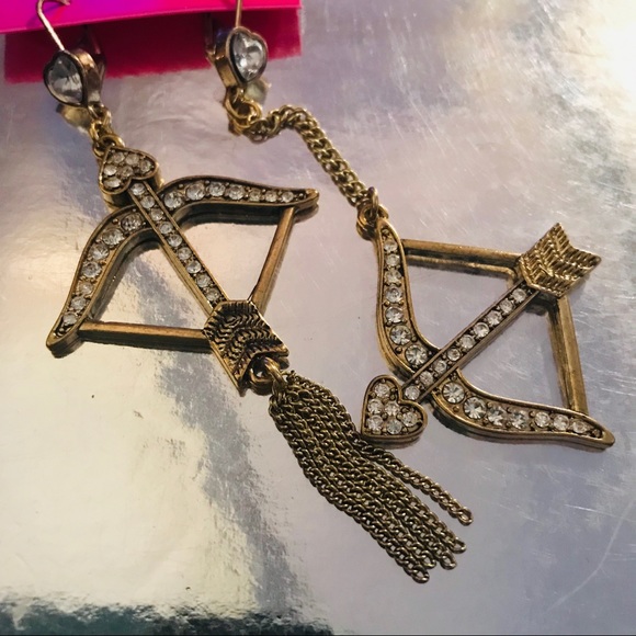 Bow arrow heart long crystal earrings Betsey Johnson...